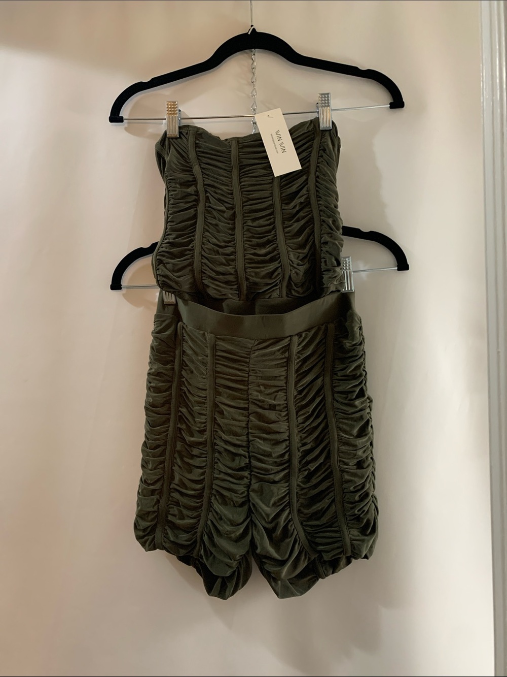 WinWin Olive Ruched Strapless Jumpsuit Romper
